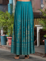 Thumbnail for Juniper Women's Teal Ethnic Motif Printed Liva Rayon Lehnga & Choli Set With Coins & Beads - Distacart