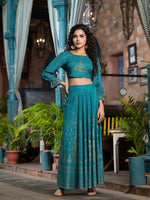 Thumbnail for Juniper Women's Teal Ethnic Motif Printed Liva Rayon Lehnga & Choli Set With Coins & Beads - Distacart