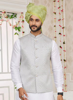 Thumbnail for Raivat Ethnic Art Silk Embroidery Work Jacket Set In Grey Colour