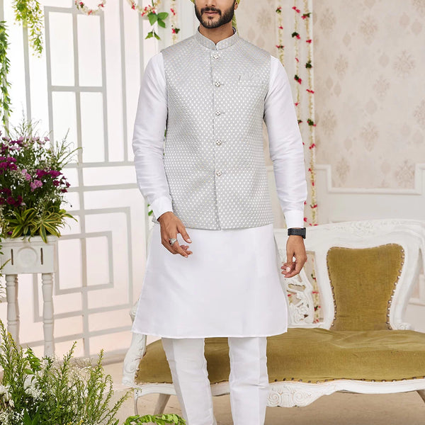 Raivat Ethnic Art Silk Embroidery Work Jacket Set In Grey Colour