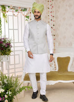 Thumbnail for Raivat Ethnic Art Silk Embroidery Work Jacket Set In Grey Colour