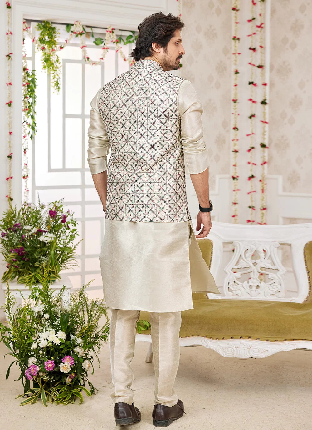 Raivat Ethnic Art Silk Embroidery Work Jacket Set In Pista Green Colour