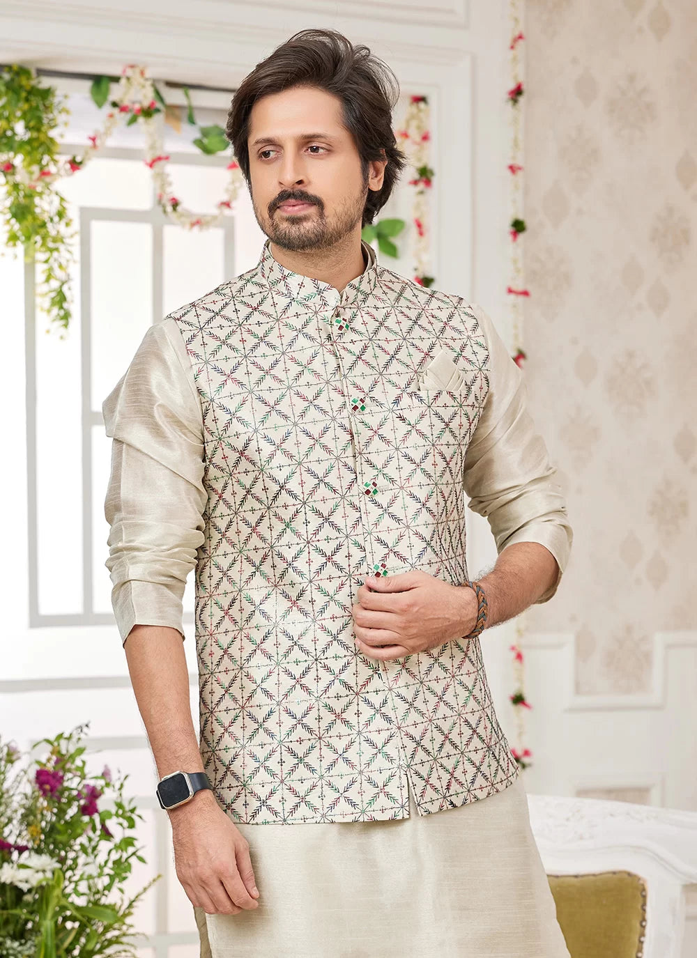 Raivat Ethnic Art Silk Embroidery Work Jacket Set In Pista Green Colour