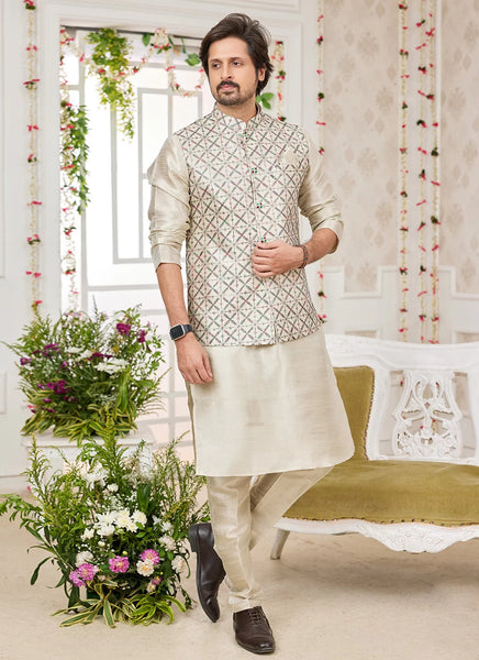 Raivat Ethnic Art Silk Embroidery Work Jacket Set In Pista Green Colour