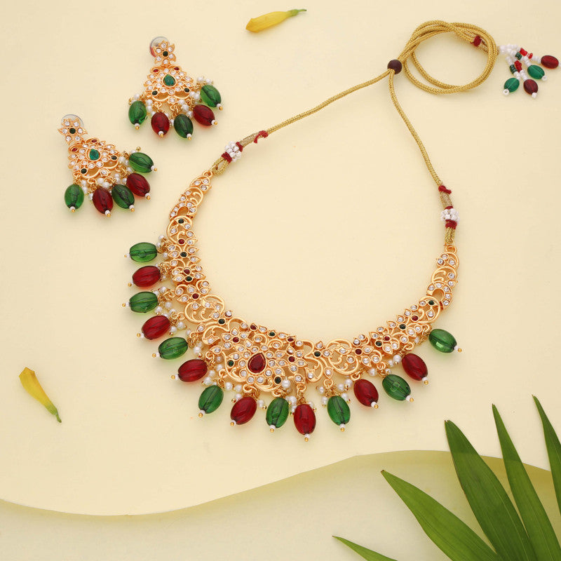Tehzeeb Creations Gold-Polished Maroon Colour Necklace With Stud - Distacart