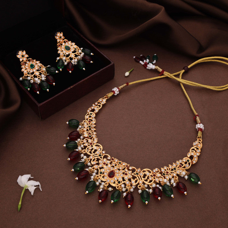 Tehzeeb Creations Gold-Polished Maroon Colour Necklace With Stud - Distacart