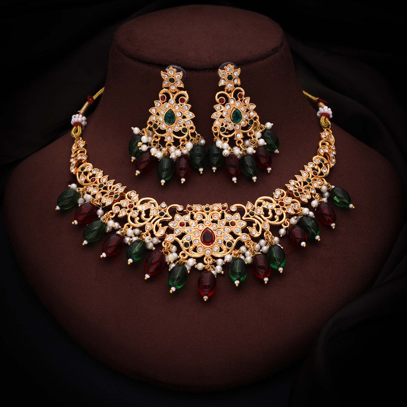 Tehzeeb Creations Gold-Polished Maroon Colour Necklace With Stud - Distacart