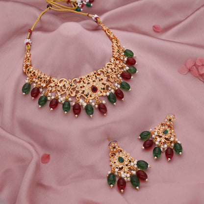 Tehzeeb Creations Gold-Polished Maroon Colour Necklace With Stud - Distacart
