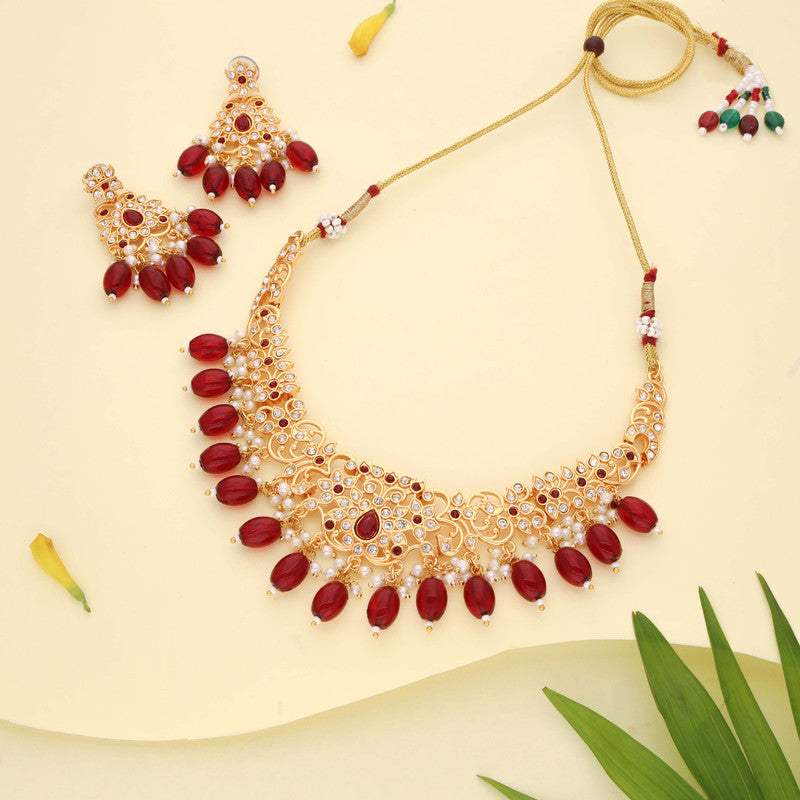 Tehzeeb Creations Gold-Polished Maroon & Green Colour Necklace With Stud - Distacart