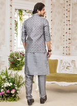 Thumbnail for Raivat Ethnic Art Silk Embroidery Work Jacket Set In Dark Grey Colour