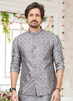 Thumbnail for Raivat Ethnic Art Silk Embroidery Work Jacket Set In Dark Grey Colour