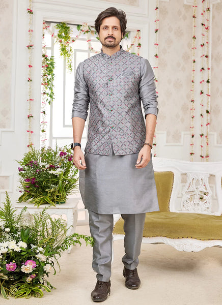 Raivat Ethnic Art Silk Embroidery Work Jacket Set In Dark Grey Colour