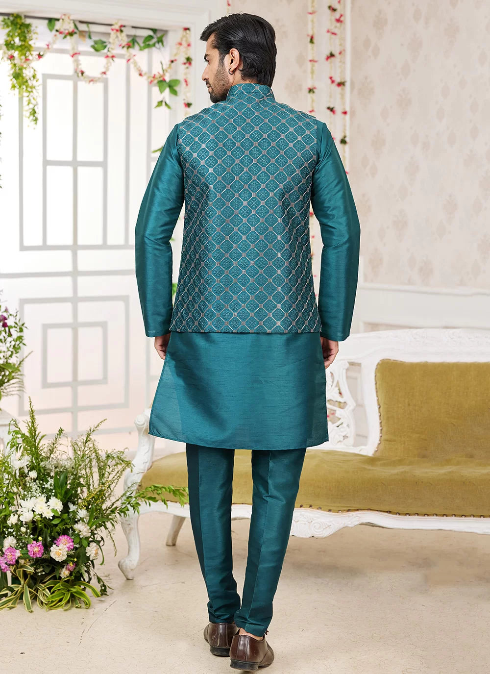 Raivat Ethnic Art Silk Embroidery Work Jacket Set In Rama Green Colour