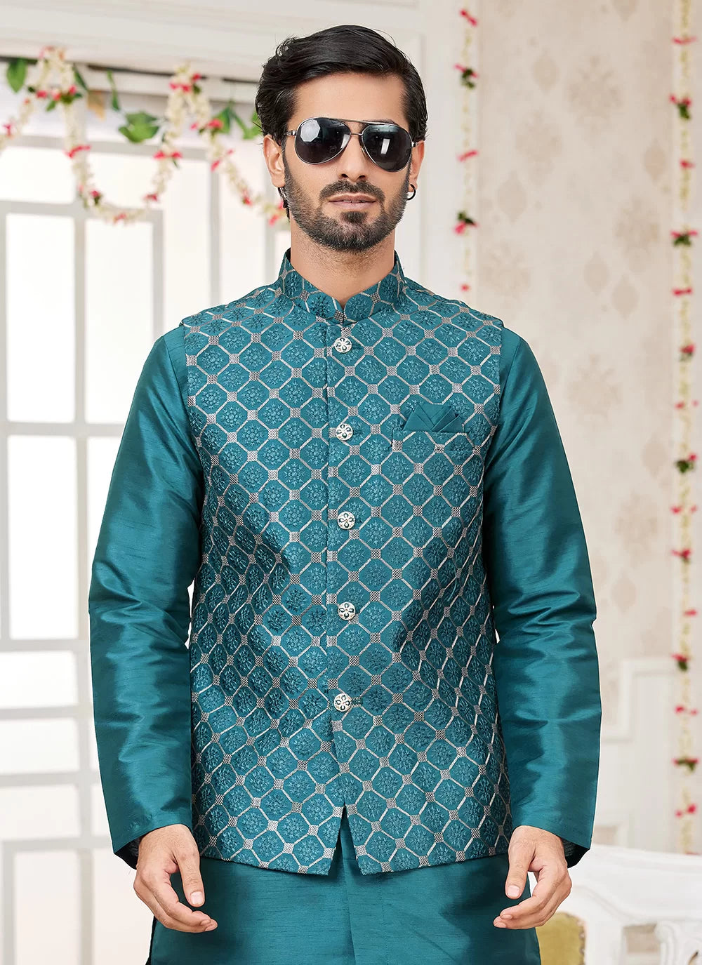 Raivat Ethnic Art Silk Embroidery Work Jacket Set In Rama Green Colour