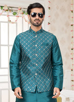 Thumbnail for Raivat Ethnic Art Silk Embroidery Work Jacket Set In Rama Green Colour
