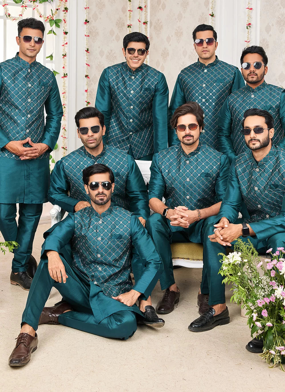 Raivat Ethnic Art Silk Embroidery Work Jacket Set In Rama Green Colour