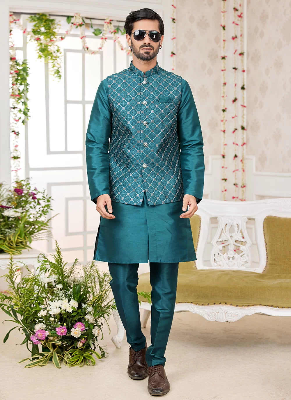 Raivat Ethnic Art Silk Embroidery Work Jacket Set In Rama Green Colour