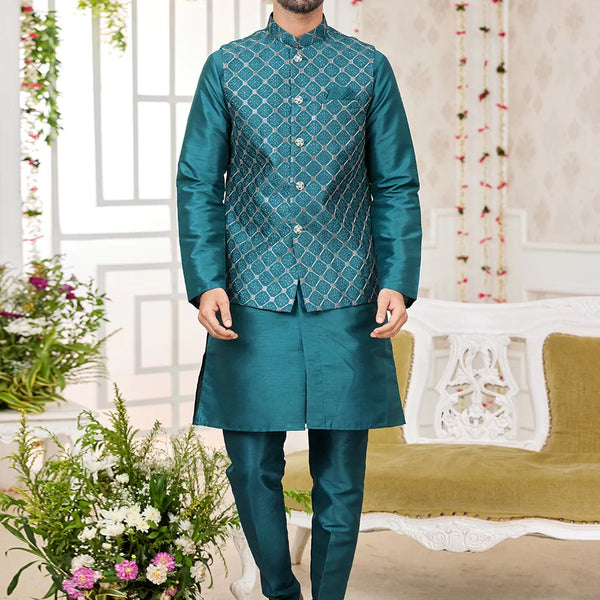 Raivat Ethnic Art Silk Embroidery Work Jacket Set In Rama Green Colour