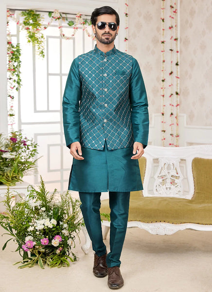 Raivat Ethnic Art Silk Embroidery Work Jacket Set In Rama Green Colour