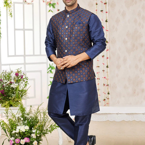 Raivat Ethnic Art Silk Embroidery Work Jacket Set In Blue Colour