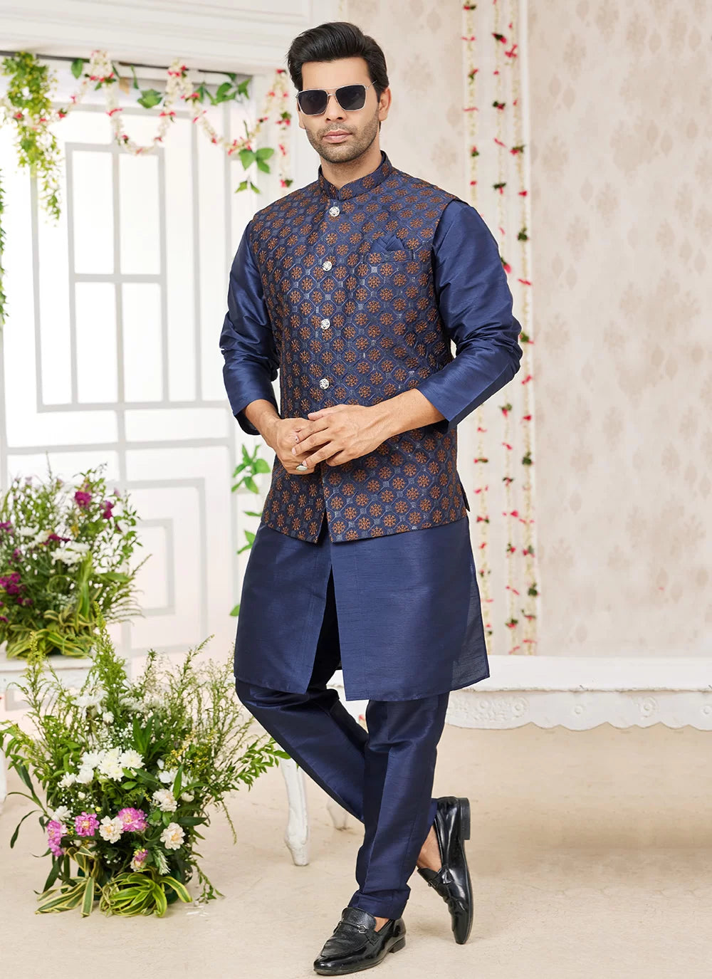Raivat Ethnic Art Silk Embroidery Work Jacket Set In Blue Colour - Distacart