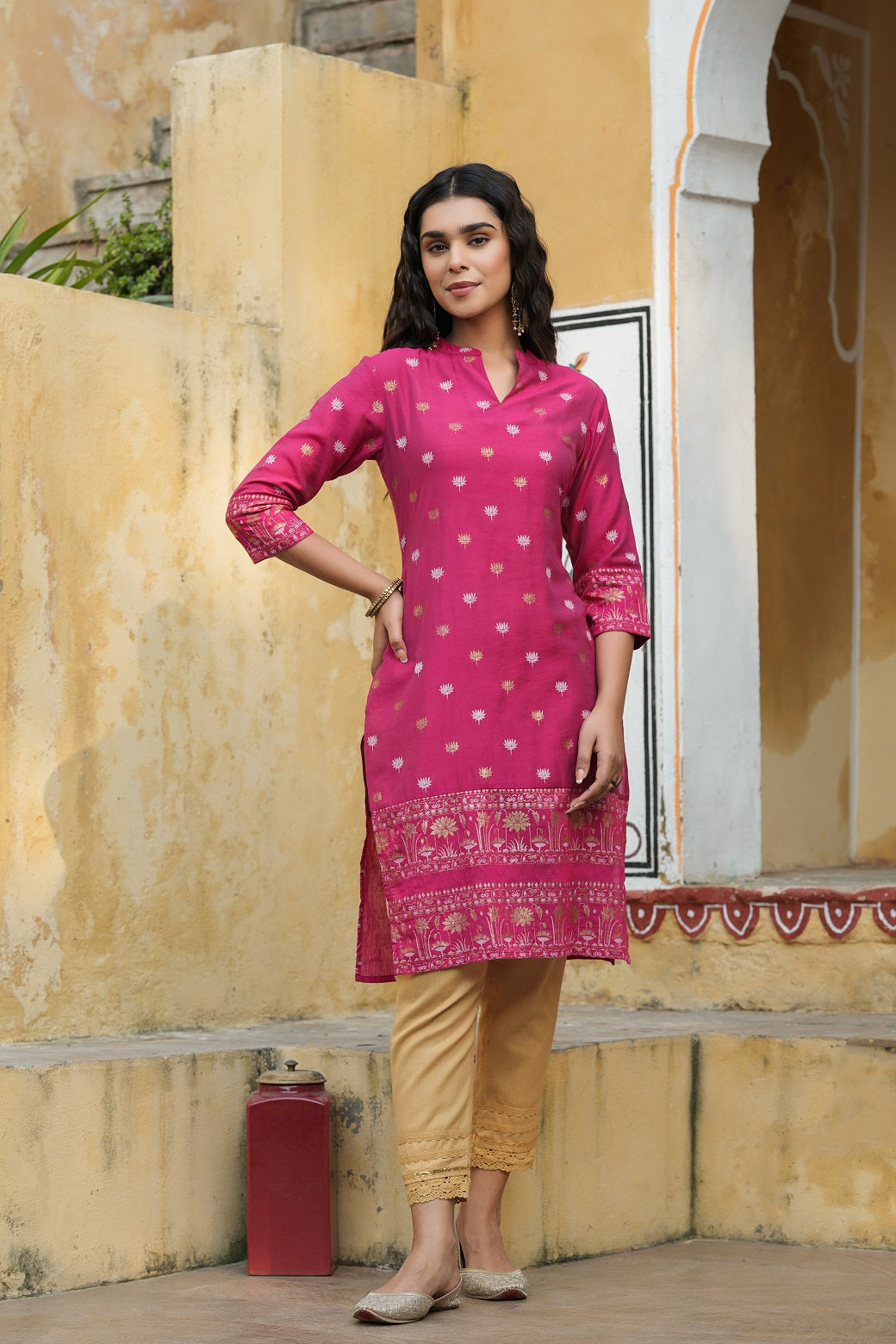 Juniper Fuchsia Ethnic Motif Printed Mono Viscose Straight Kurta - Distacart