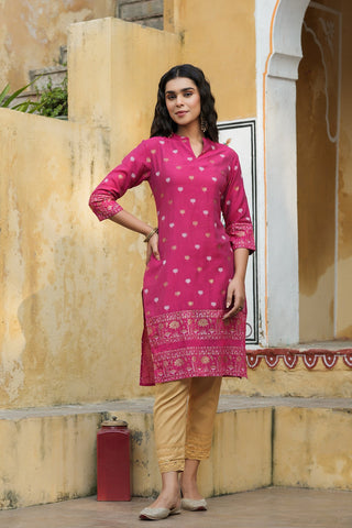 Juniper Fuchsia Ethnic Motif Printed Mono Viscose Straight Kurta - Distacart