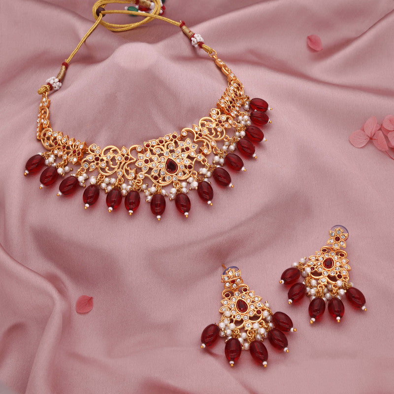 Tehzeeb Creations Gold-Polished Maroon & Green Colour Necklace With Stud - Distacart