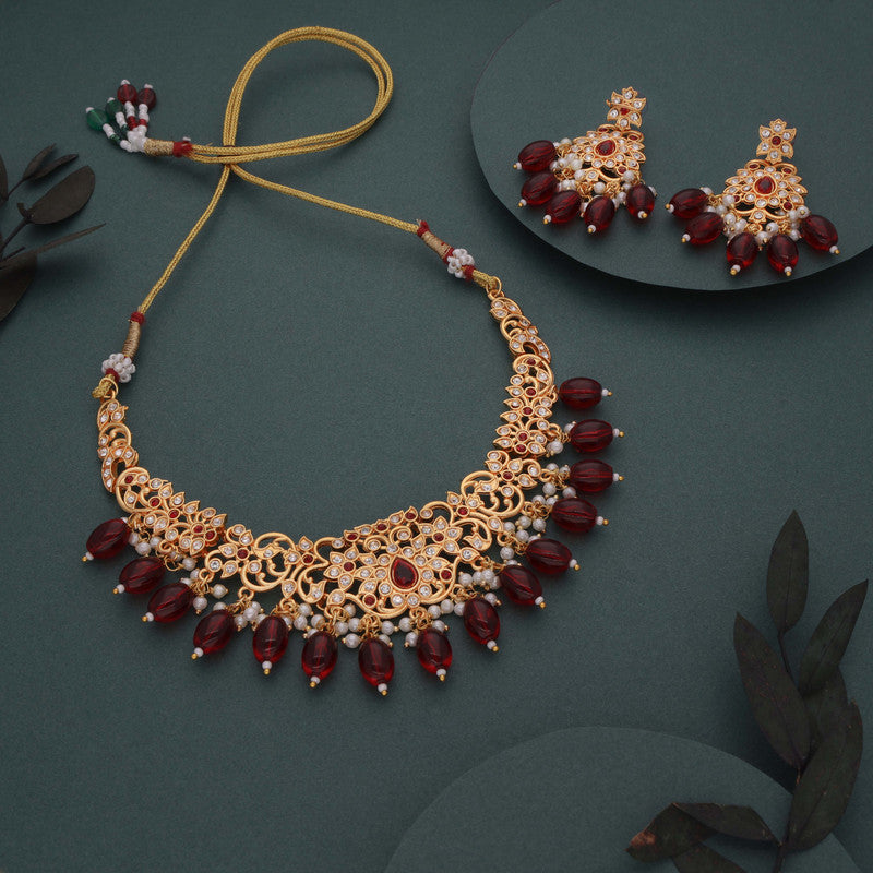 Tehzeeb Creations Gold-Polished Maroon & Green Colour Necklace With Stud - Distacart