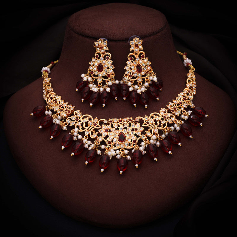 Tehzeeb Creations Gold-Polished Maroon & Green Colour Necklace With Stud - Distacart