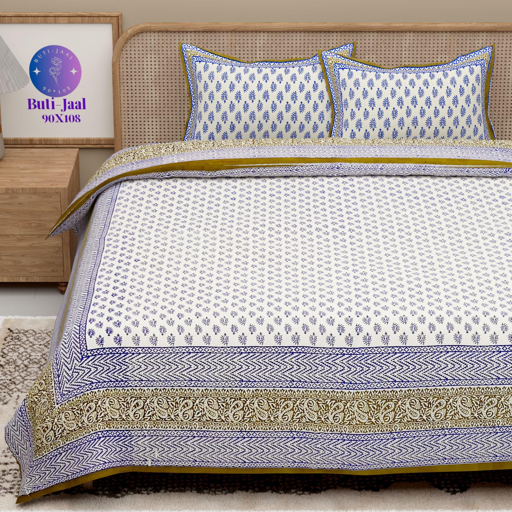 Blue Green Handblock Printed Cotton 200TC King Bedsheet With 2 Zipper Pillow Covers - King Size by House of Ree - Distacart