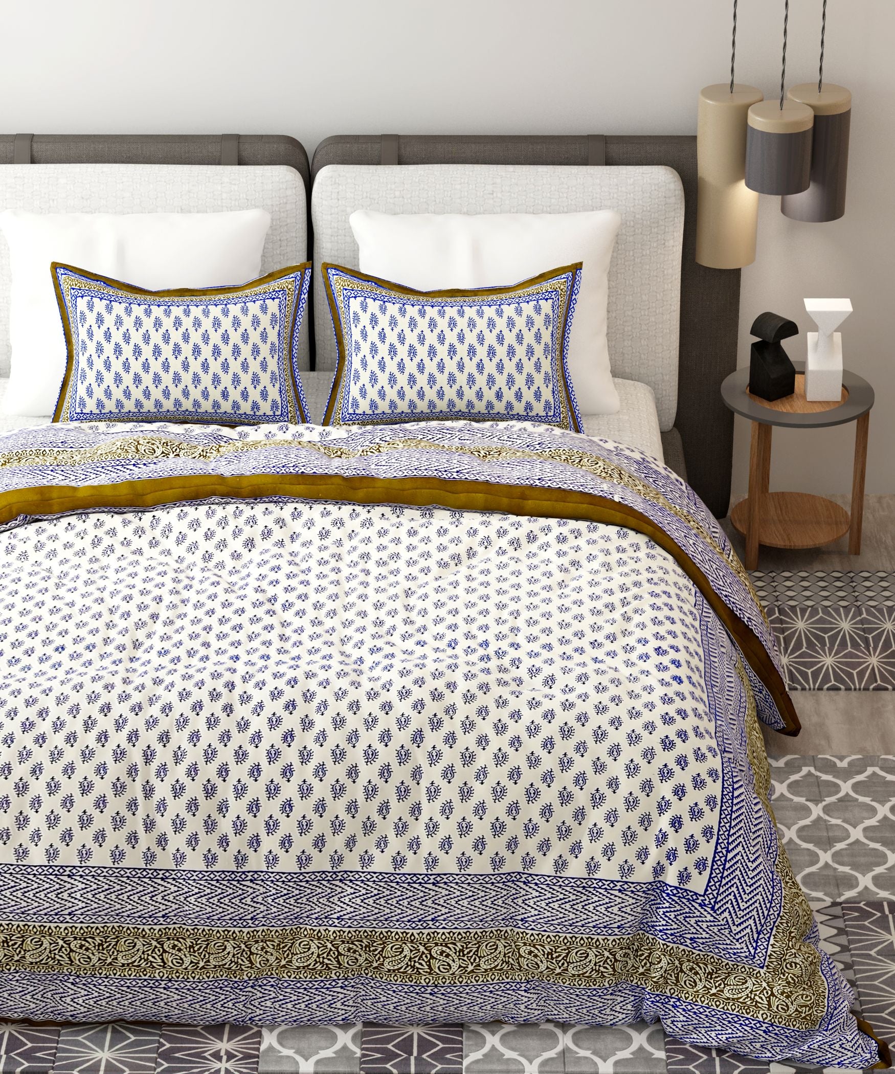 Blue Green Handblock Printed Cotton 200TC King Bedsheet With 2 Zipper Pillow Covers - King Size by House of Ree - Distacart