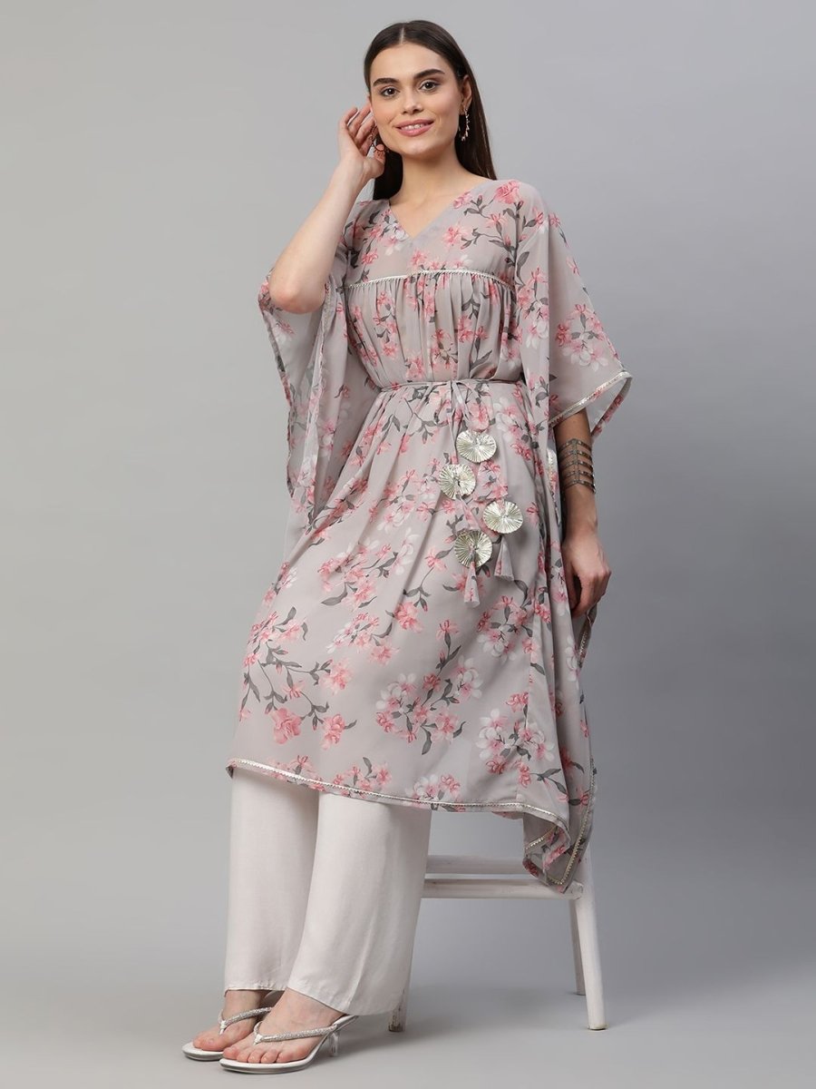 Ahalyaa Women Grey Georgette Floral Printed Kaftan Kurta - Distacart