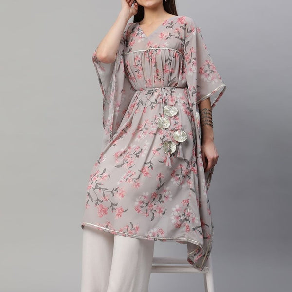 Ahalyaa Women Grey Georgette Floral Printed Kaftan Kurta - Distacart