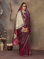 Thumbnail for Joban Fashion Maroon Floral & Botanical Motifs Satin Silk Banarasi Silk Saree - Distacart