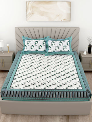 Blue Floral Printed Cotton 200TC King Bedsheet With 2 Zipper Pillow Covers - King Size by House of Ree - Distacart