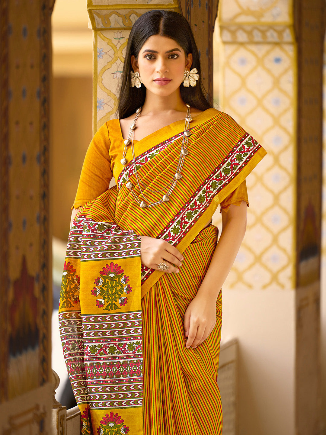NOZ2TOZ Women's Bhagalpuri Silk Mustard Printed Designer Saree With Blouse Piece - Distacart