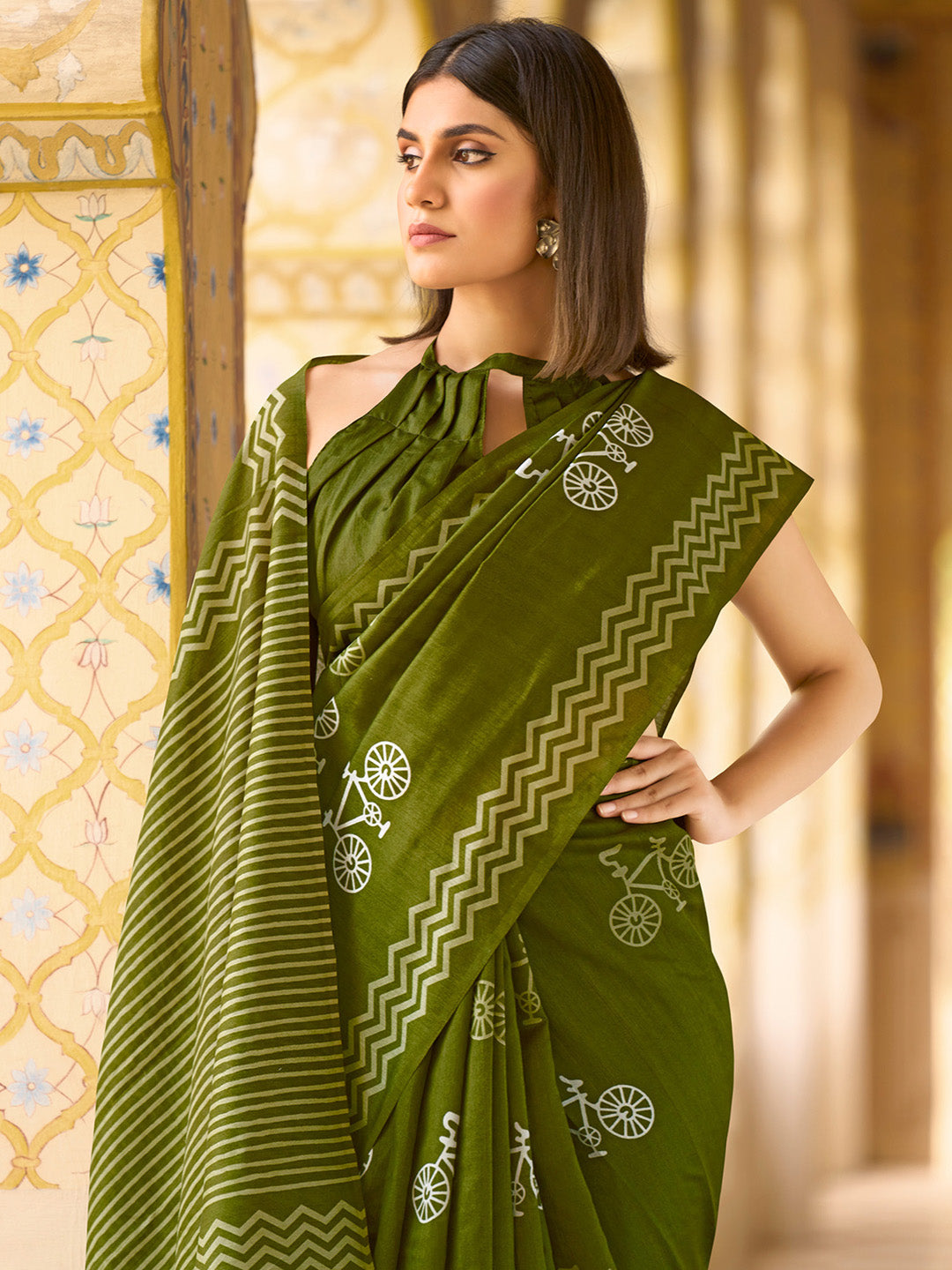 NOZ2TOZ Women's Bhagalpuri Silk Olive Printed Designer Saree With Blouse Piece - Distacart