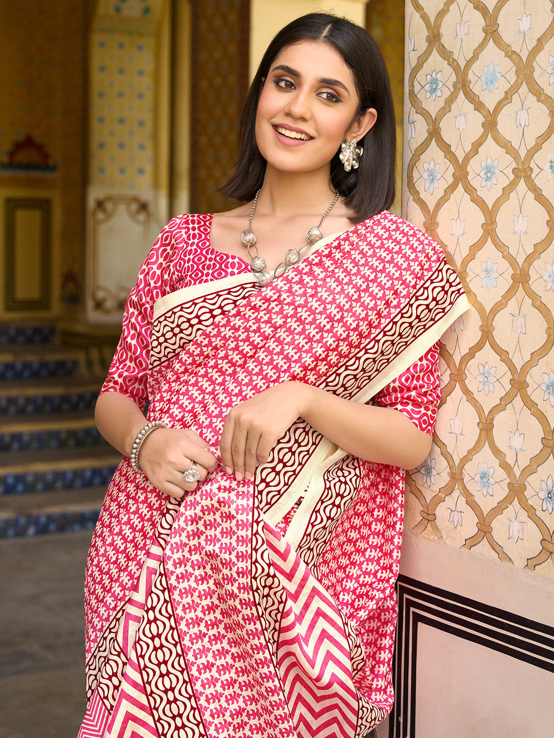 NOZ2TOZ Women's Bhagalpuri Silk Pink Printed Designer Saree With Blouse Piece - Distacart