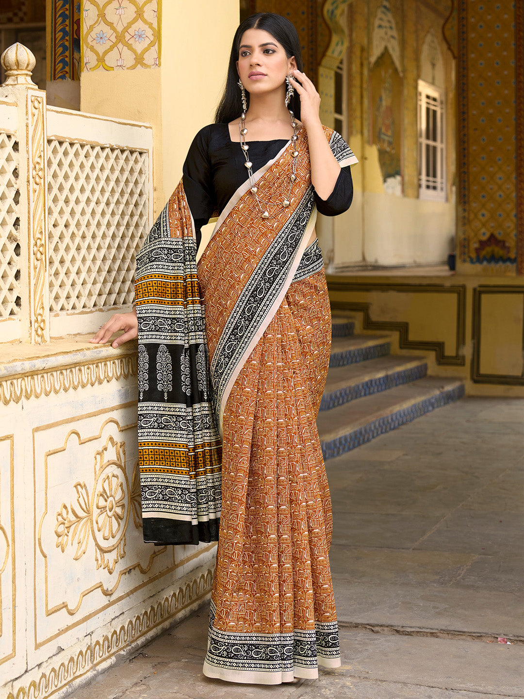 NOZ2TOZ Women's Bhagalpuri Silk Mustard Printed Designer Saree With Blouse Piece - Distacart