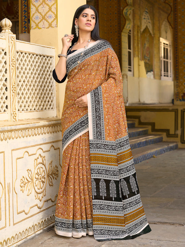 NOZ2TOZ Women's Bhagalpuri Silk Mustard Printed Designer Saree With Blouse Piece - Distacart