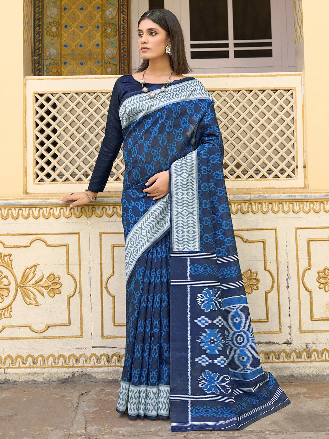 NOZ2TOZ Women's Bhagalpuri Silk Navy Blue Printed Designer Saree With Blouse Piece - Distacart