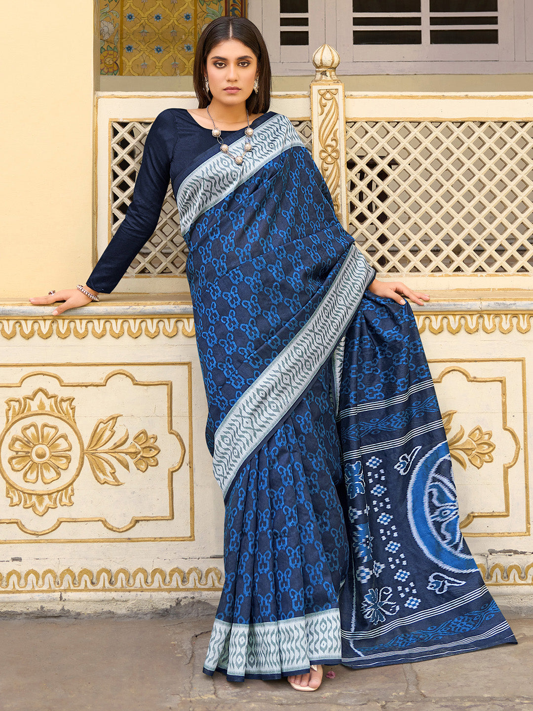 NOZ2TOZ Women's Bhagalpuri Silk Navy Blue Printed Designer Saree With Blouse Piece - Distacart