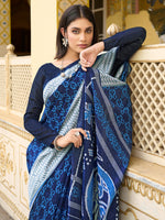 Thumbnail for NOZ2TOZ Women's Bhagalpuri Silk Navy Blue Printed Designer Saree With Blouse Piece - Distacart