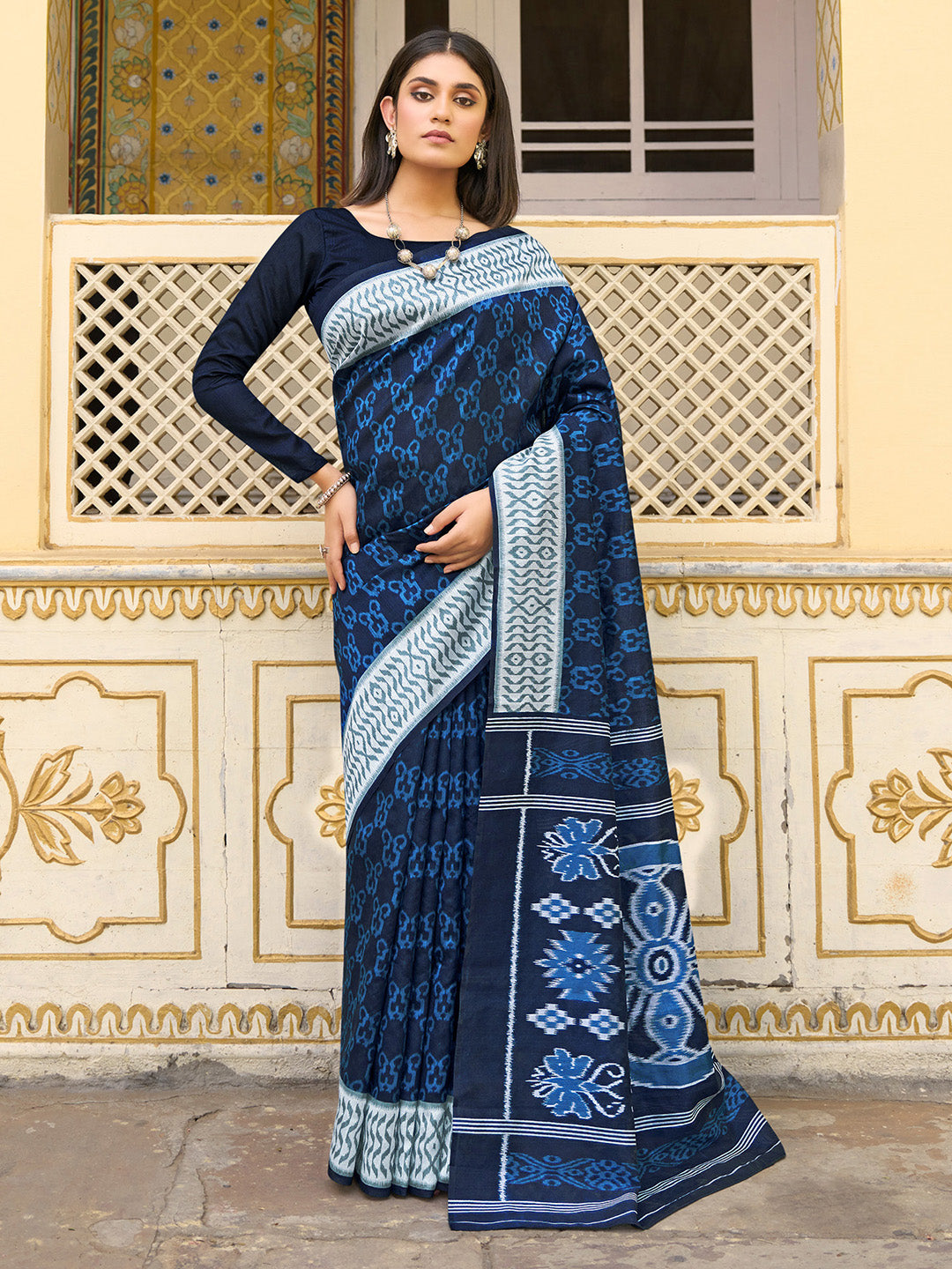NOZ2TOZ Women's Bhagalpuri Silk Navy Blue Printed Designer Saree With Blouse Piece - Distacart