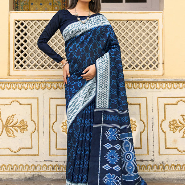 NOZ2TOZ Women's Bhagalpuri Silk Navy Blue Printed Designer Saree With Blouse Piece - Distacart