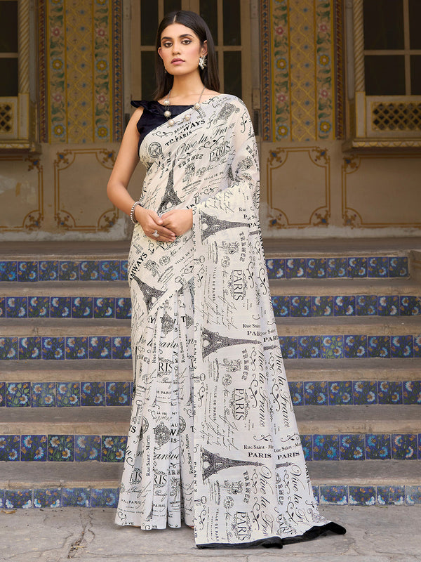NOZ2TOZ Women's Bhagalpuri Silk White Printed Designer Saree With Blouse Piece - Distacart