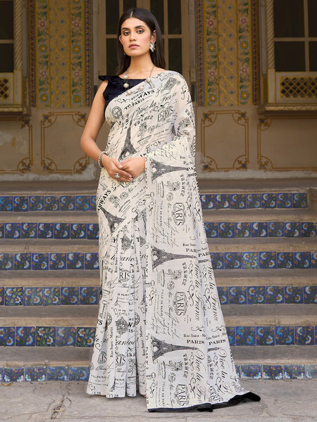 NOZ2TOZ Women's Bhagalpuri Silk White Printed Designer Saree With Blouse Piece - Distacart