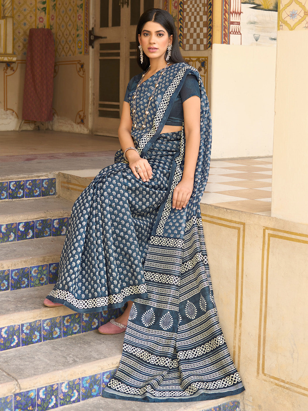 NOZ2TOZ Women's Bhagalpuri Silk Grey Printed Designer Saree With Blouse Piece - Distacart