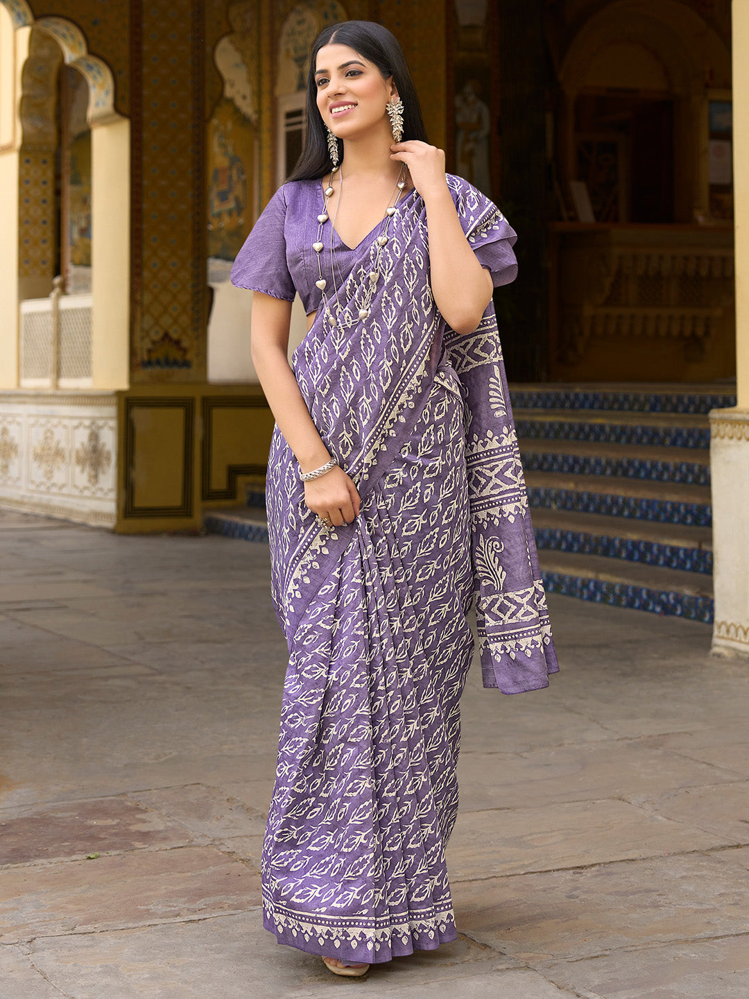 NOZ2TOZ Women's Bhagalpuri Silk Lavender Printed Designer Saree With Blouse Piece - Distacart